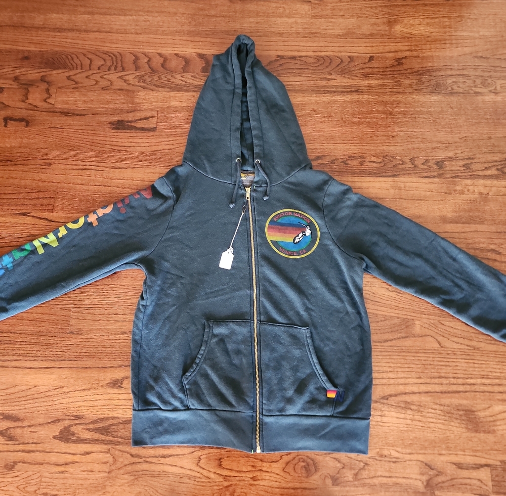 Aviator Nation Navy Zip-Up Hoodie with Rainbow Logo & Sleeve Script
